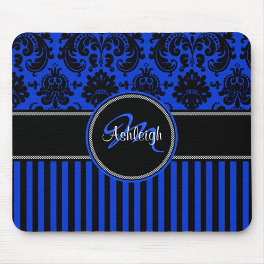 Monogram Blue Schwarz-weiß Stripe Damask Mousepad (Vorne)