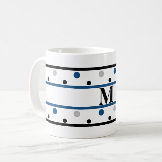 Monogram Blue Silver Black Polka Dots Zweifarbige Tasse (Vorderseite Links)