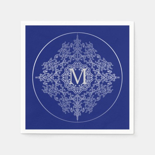 Monogram Blue & Silver Filigree Motif Napkins Serviette (Vorderseite)