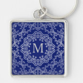 Monogram Blue & Silver Filigree Motif Schlüsselket Schlüsselanhänger (Vorne)