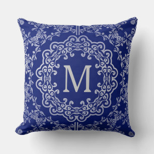 Monogram Blue & Silver Filigree Motif Throw Kissen