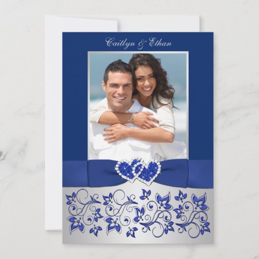 Monogram Blue, Silver Floral FOTO Wedite Einladung (Vorderseite)