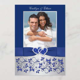 Monogram Blue, Silver Floral FOTO Wedite Einladung