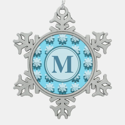 Monogram Blue Snowflake Muster individuell anpassb Schneeflocken Zinn-Ornament (Vorderseite)