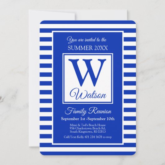 Monogram Blue Stripes Summer Family Wiedersehen Einladung (Vorderseite)