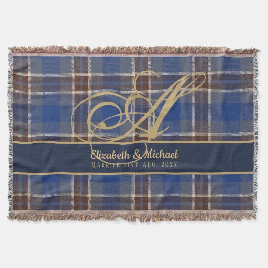 Monogram Blue Tartan Karierte Newlyweds Wedding Decke (Vorderseite)
