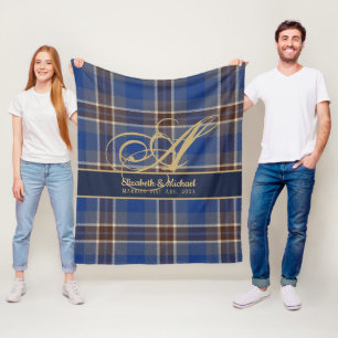 Monogram Blue Tartan Karierte Newlyweds Wedding Fleecedecke