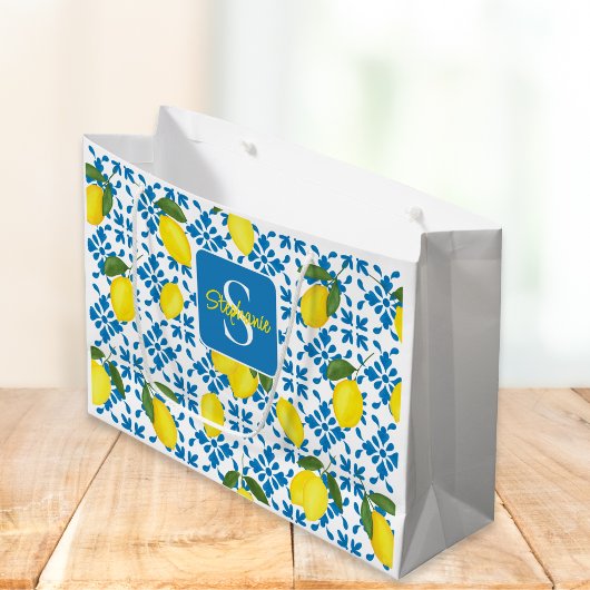 Monogram Blue Tile French Country Lemon Pattern Große Geschenktüte