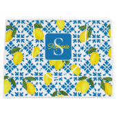 Monogram Blue Tile French Country Lemon Pattern Große Geschenktüte (Vorderseite)