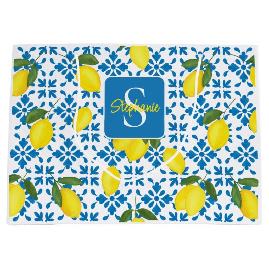 Monogram Blue Tile French Country Lemon Pattern Große Geschenktüte (Vorderseite)