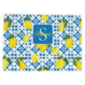 Monogram Blue Tile French Country Lemon Pattern Große Geschenktüte (Rückseite)