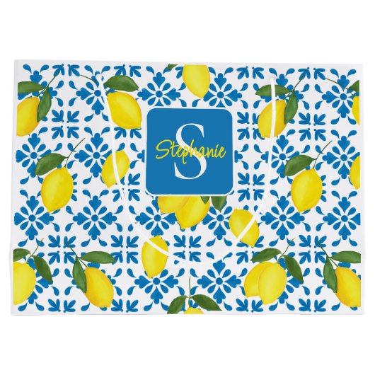 Monogram Blue Tile French Country Lemon Pattern Große Geschenktüte (Rückseite)