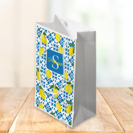 Monogram Blue Tile French Country Lemon Pattern  Kleine Geschenktüte
