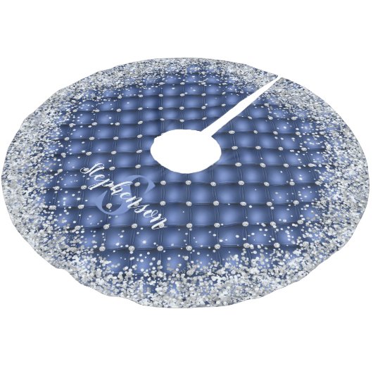 Monogram Blue Tufit Diamond Silver Glitzer Polyester Weihnachtsbaumdecke (Schrägansicht)
