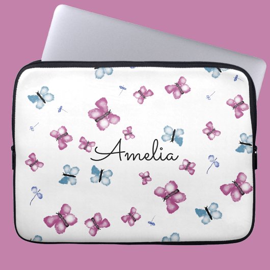 Monogram Blue und Pink Butterfly Laptopschutzhülle