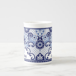 Monogram Blue und White Mexican Talavera Tile Bone Porzellantasse