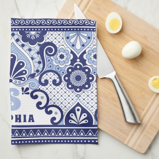 Monogram Blue und White Mexican Talavera Tile Geschirrtuch (Viertel Falte)