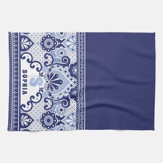 Monogram Blue und White Mexican Talavera Tile Geschirrtuch (Horizontal)