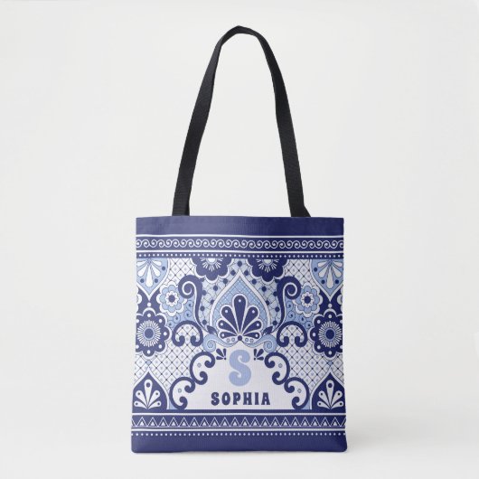 Monogram Blue und White Mexican Talavera Tile Tasche (Vorderseite)