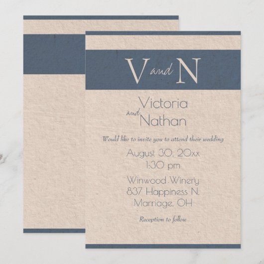Monogram Blue Vintag Paper Modern Wedding Einladung (Vorne/Hinten)