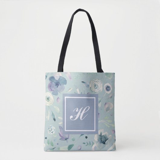 Monogram Blue Violet Watercolor Floral Pattern Tasche (Vorderseite)