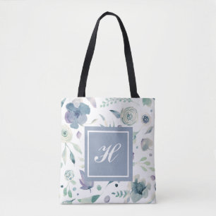 Monogram Blue Violet Watercolor Floral Pattern Tasche