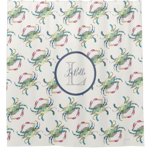 Monogram Blue Watercolor Crab Coastal Duschvorhang (Vorderseite)