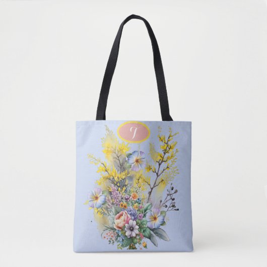 Monogram Blue Watercolor Spring Flowers Bouquet Tasche (Vorderseite)