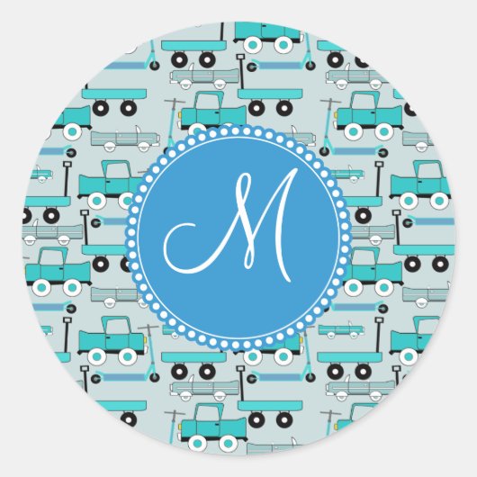 Monogram Blue Wheels Scooters Cars Wagons Trucks Runder Aufkleber (Vorderseite)