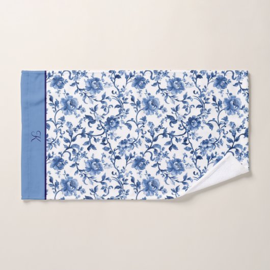 Monogram Blue White Floral Toile Chinoiserie Badhandtuch Set (Handtuch)