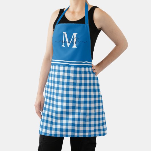 Monogram Blue White Gingham Navy Name Schürze (InSitu)