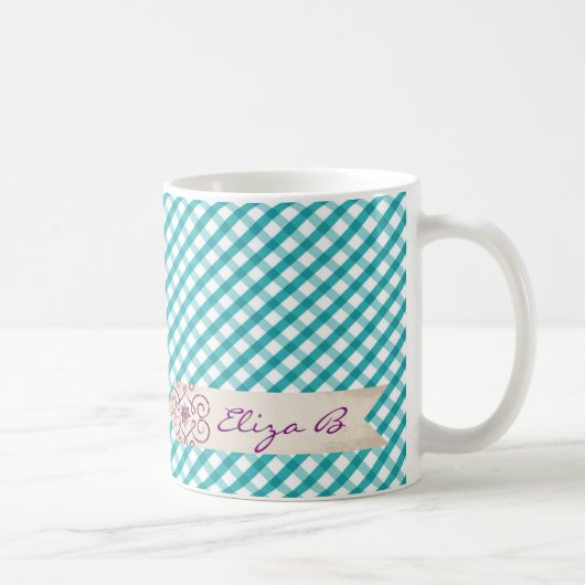 Monogram Blue White Gingham Pattern Tasse (Rechts)