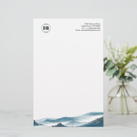 Monogram Blue White Mountain View Paper Briefpapier (Stehend Vorderseite)