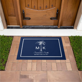 Monogram Blue White Palm Tree Personalized Fußmatte