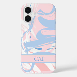 Monogram Blue White Pink Marble Swirl iPhone 16 Hülle