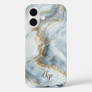 Monogram Blue White Silver Gold Marmor Swirl iPhone 16 Hülle