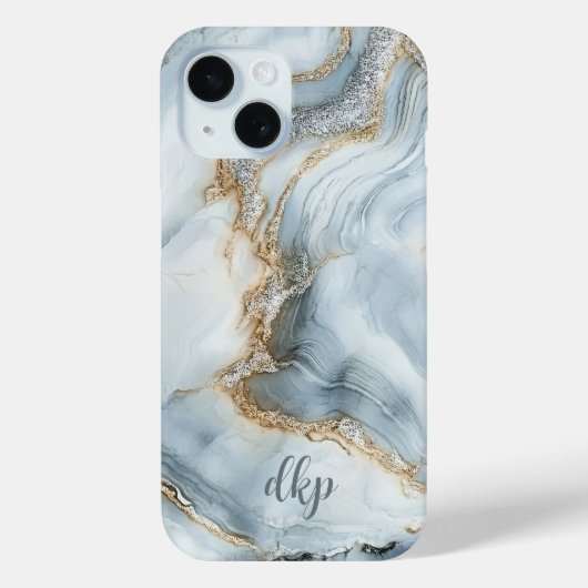 Monogram Blue White Silver Gold Marmor Swirl Case-Mate iPhone Hülle (Rückseite)