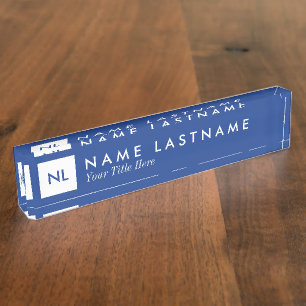 Monogram Blue White Square Desk Namplate Namensplakette