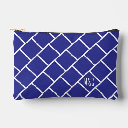 Monogram, Blue & White Stylish Trellis Pattern Zubehörtasche (Vorderseite)