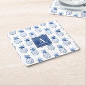 Monogram Blue White Watercolor Tropical Pineape Rechteckiger Pappuntersetzer (angewinkelt)