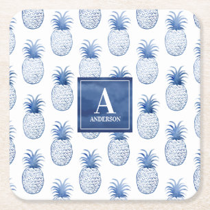 Monogram Blue White Watercolor Tropical Pineape Rechteckiger Pappuntersetzer