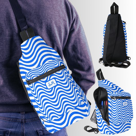 Monogram Blue White Wavy Stripes Psychedelic Crossbody Bag