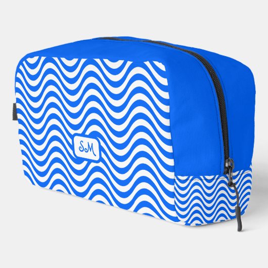 Monogram Blue White Wavy Stripes Psychedelic Waschbeutel (Rechte Ecke)