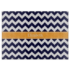Monogram, Blue White Zickzack Cantaloupe Name Schneidebrett