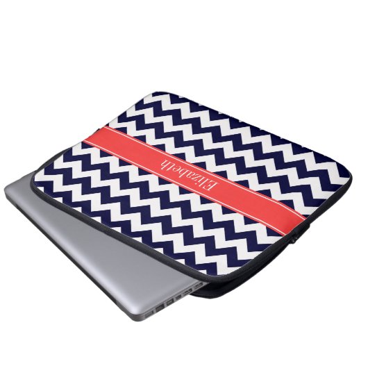 Monogram, Blue White Zickzack Coral Red Name Monog Laptopschutzhülle (Vorne Knopf)