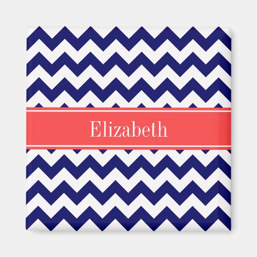 Monogram, Blue White Zickzack Coral Red Name Monog Magnet (Vorne)