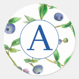 Monogram Blueberries Aquarellfrucht Runder Aufkleber