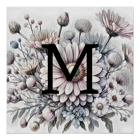 Monogram, blühend zeichnend Rosa-Gerbera-Molsen Poster (Vorderseite)