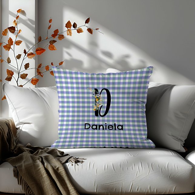 Monogram Blume Rettro Gingham Blau Kissen (Von Creator hochgeladen)