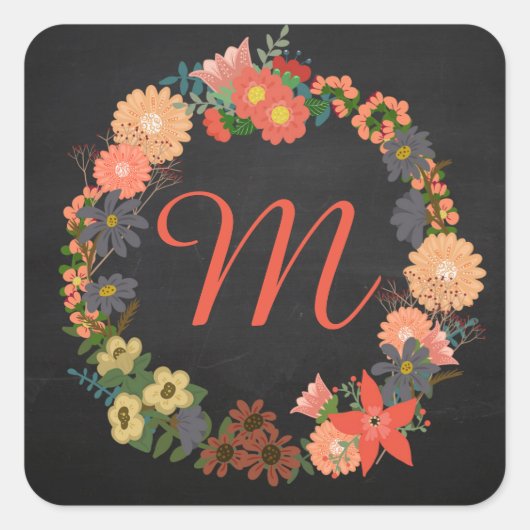 Monogram, Blumenkranz, Square Stickers (Vorderseite)